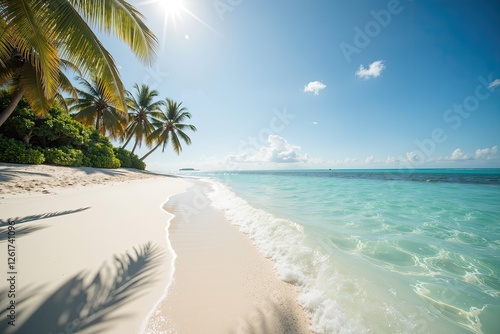 Wallpaper Mural a picturesque tropical beach scene. The sun is shining brightly in a clear blue sky, casting vibrant rays of light over a serene turquoise ocean. Gentle waves lap at the soft, sandy shore Torontodigital.ca