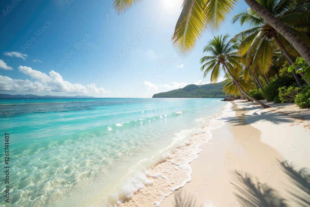 a picturesque tropical beach scene. The sun is shining brightly in a clear blue sky, casting vibrant rays of light over a serene turquoise ocean. Gentle waves lap at the soft, sandy shore a picturesque tropical beach scene. The sun is shining brightly in a clear blue sky, casting vibrant rays of light over a serene turquoise ocean. Gentle waves lap at the soft, sandy shore