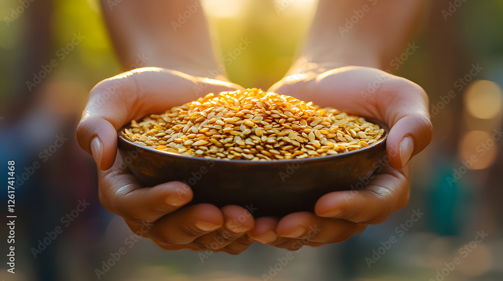 Hands holding a bowl of golden seeds in a natural setting Hands holding a bowl of golden seeds in a natural setting