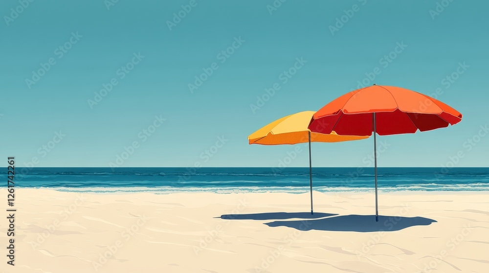 Two colorful beach umbrellas stand on a sandy shore with a calm ocean in the background under a clear blue sky. Two colorful beach umbrellas stand on a sandy shore with a calm ocean in the background under a clear blue sky.