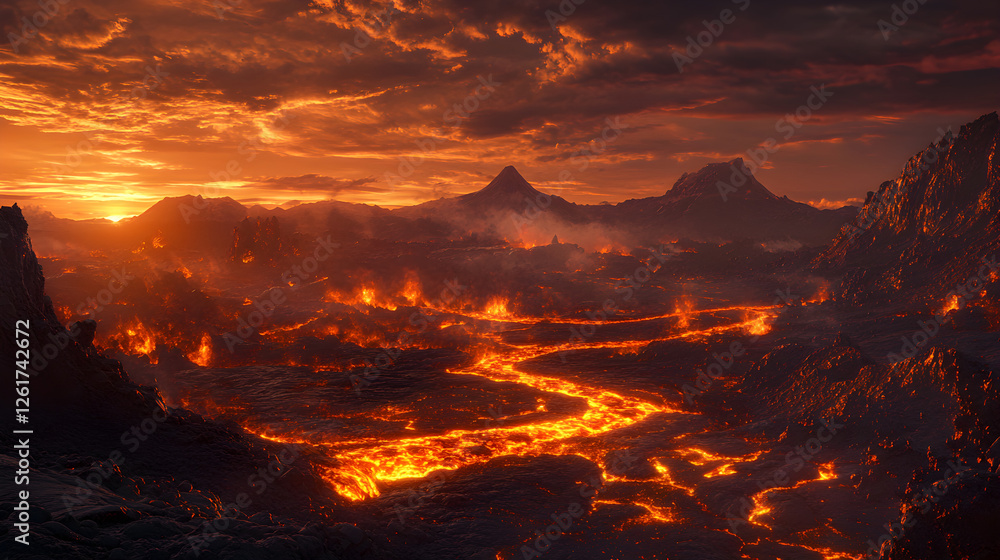 Fototapeta premium Dynamic Dance of Molten Rock: The Raw and Elemental Power of Lava in a Volcanic Landscape