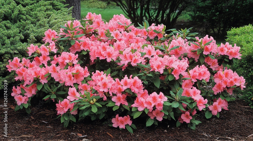 Blooming Pink Azaleas in a Lush Garden Setting During Spring Season Blooming Pink Azaleas in a Lush Garden Setting During Spring Season