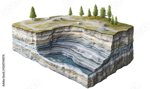 Cross-section of stratified rock layers with a lake, showing geological formations, suitable for education