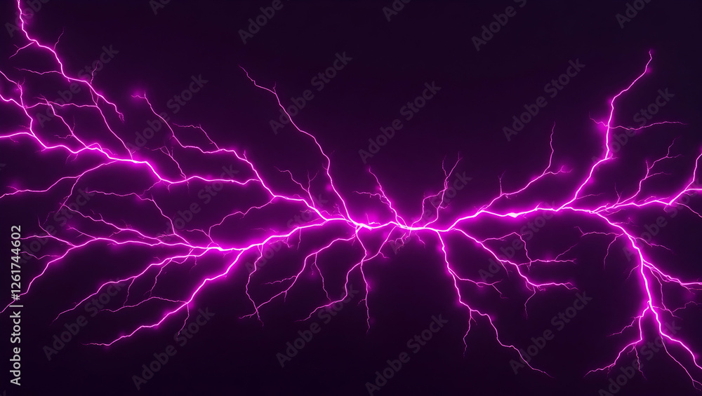 Bright purple lightning strikes horizontally across a dark background, illuminating intricate branching patterns with electric energy. Bright purple lightning strikes horizontally across a dark background, illuminating intricate branching patterns with electric energy.