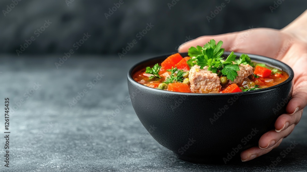 Hand holding bowl of hearty soup Hand holding bowl of hearty soup