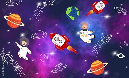Astronauts floating in zero gravity surrounded by rockets, stars and planets. Animation of an Astronaut in Space