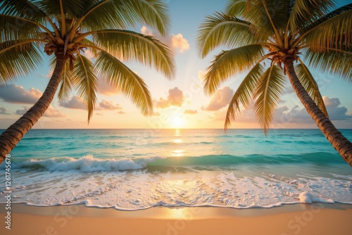 Serene Tropical Beach at Sunset with Gentle Waves and Palm Trees