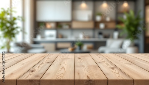 Superficie de mesa de madera con interior moderno desenfocado y espacio vacío para productos photo