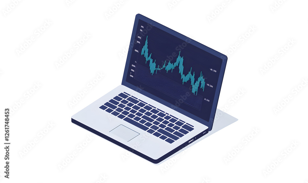Laptop displaying stock market graph; office background; financial analysis Laptop displaying stock market graph; office background; financial analysis