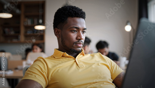 흑인, 남자, 노란셔츠, 카페, 도서관