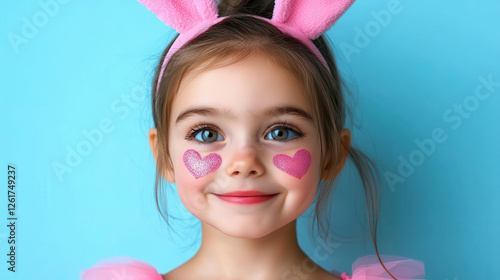 Little girl in a bunny tutu costume with sparkly pink face paint and heartshaped nose details 3D render