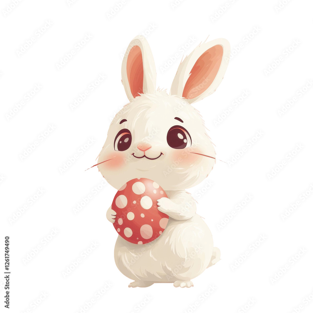 Obraz premium Cute cartoon bunny holding decorated Easter egg, joyful and playful