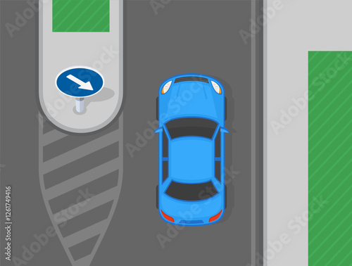 Safe driving tips and traffic regulation rules. "Keep to the right" sign on divided island. Top view of a blue car on road. Flat vector illustration template.