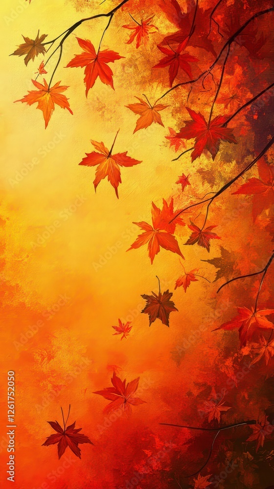 Autumnal leaves fall from branches against a warm golden background Autumnal leaves fall from branches against a warm golden background