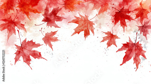 Red watercolor maple leaves autumn foliage on white background, fall season botanical illustration with copy space for text