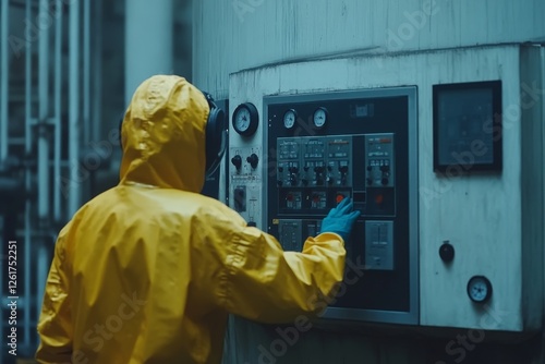 Technician in Hazmat Suit Operating Industrial Control Panel photo