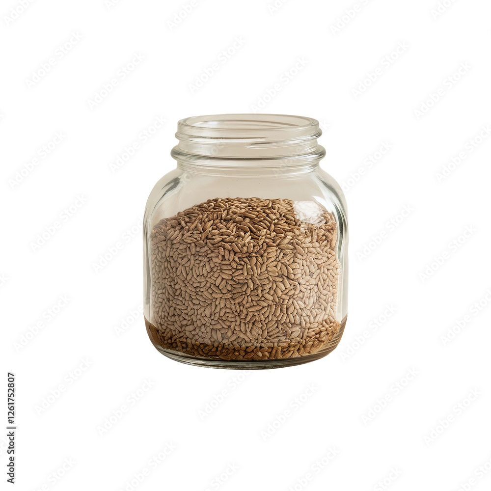 Glass jar filled with brown flaxseeds showcasing organic ingredients