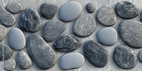 Serene Grey Stones Arrangement: A Tranquil Composition of Smooth River Rocks photo