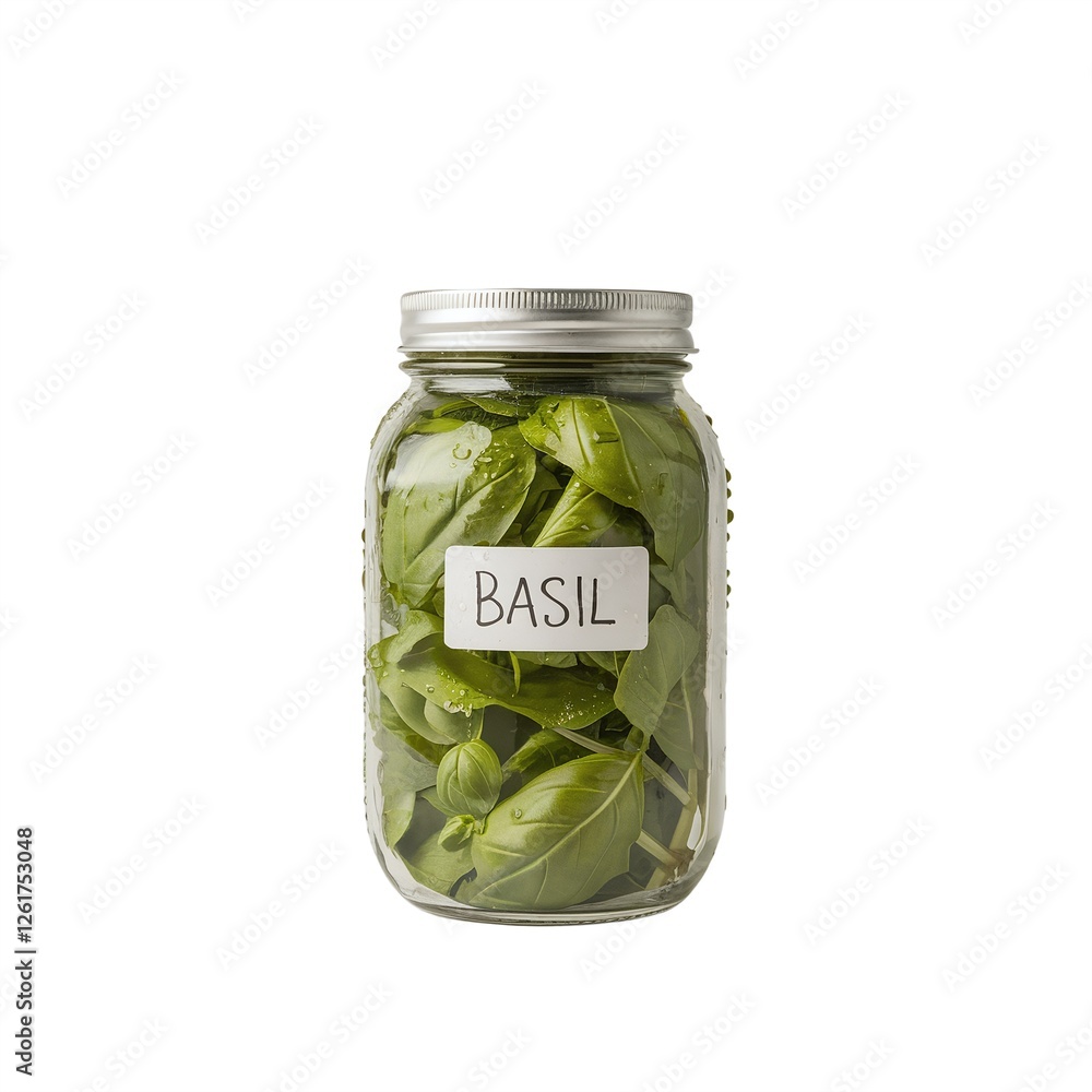 Fresh basil leaves stored in a clear glass jar labeled 'BASIL' Fresh basil leaves stored in a clear glass jar labeled 'BASIL'