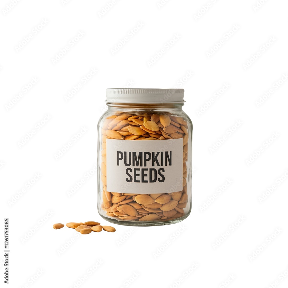 Glass jar filled with roasted pumpkin seeds, labeled for easy identification Glass jar filled with roasted pumpkin seeds, labeled for easy identification