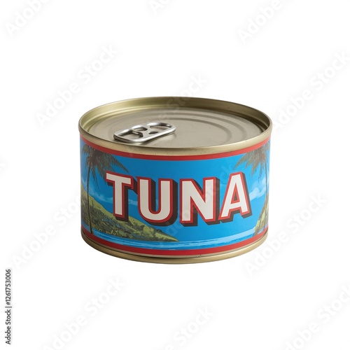 Canned tuna with bright packaging featuring tropical scenery and bold lettering
