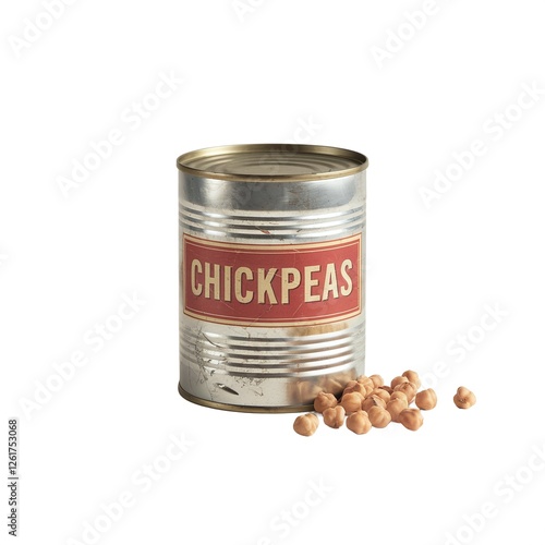 Metal can of chickpeas with scattered legumes on a white background