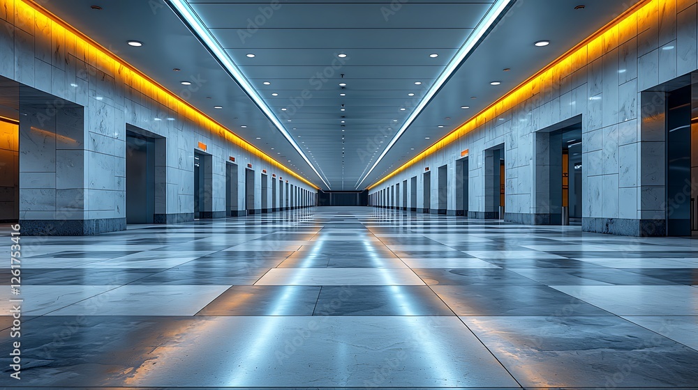 Fototapeta premium Modern building hallway, glowing lines, marble floor, elevator doors, business background