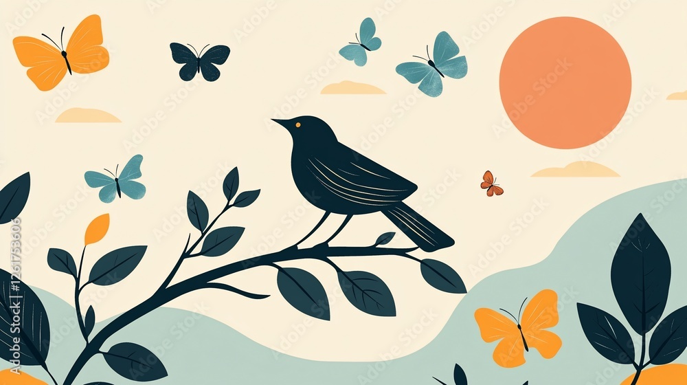 Fototapeta premium Minimalist illustration of a bird on a branch with flying butterflies and a sun