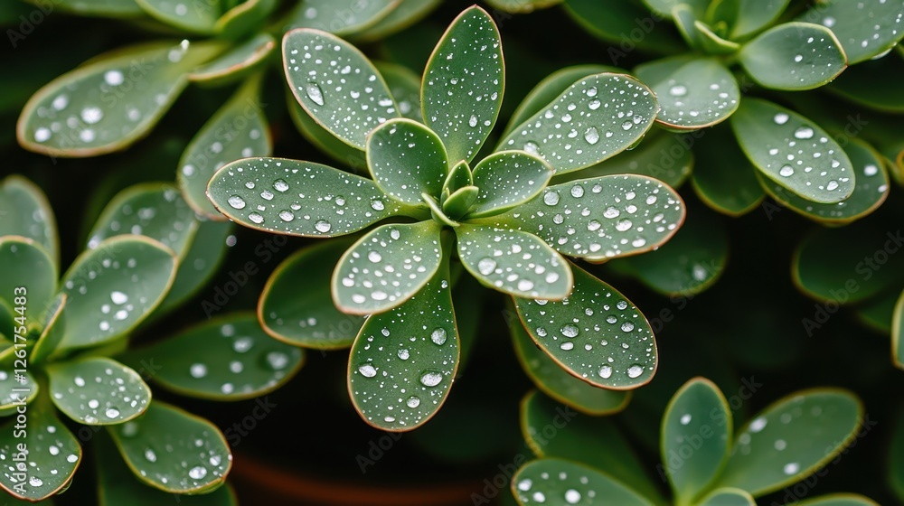 Fototapeta premium A close-up of succulent leaves adorned with droplets of water, showcasing vibrant green hues and a fresh, natural beauty.