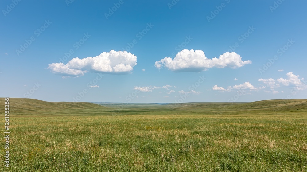 Wide Grassland Plains Under Blue Sky. Use Stock photo for nature, travel, and outdoor adventure Wide Grassland Plains Under Blue Sky. Use Stock photo for nature, travel, and outdoor adventure