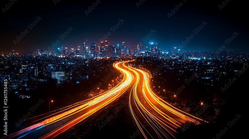 Obraz premium Night cityscape, highway light trails, urban sprawl, travel, technology
