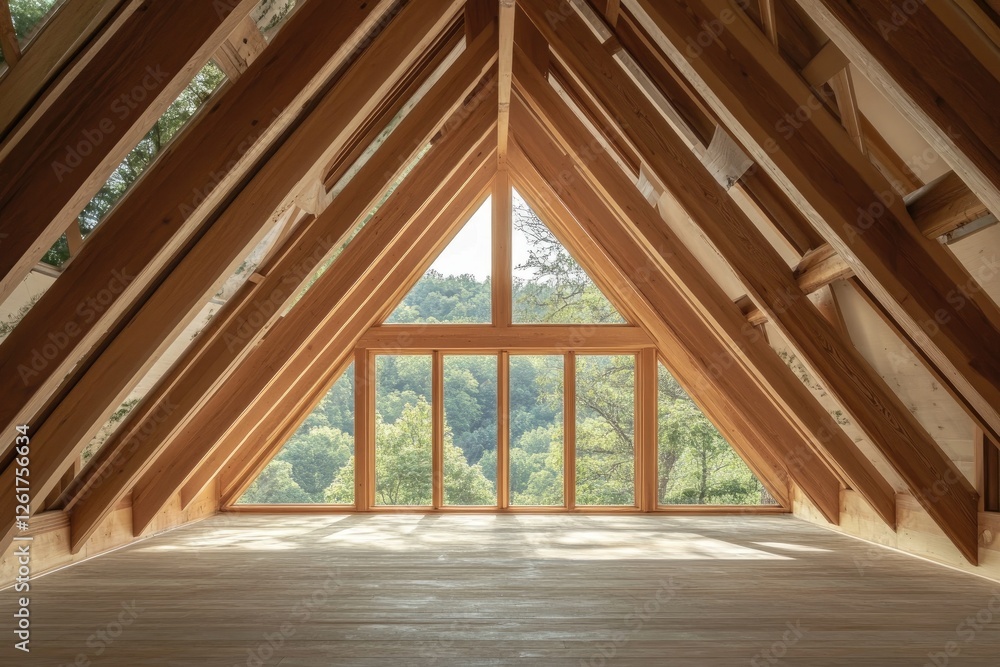 Wooden A Frame Room With Large Window Overlooking Trees Wooden A Frame Room With Large Window Overlooking Trees