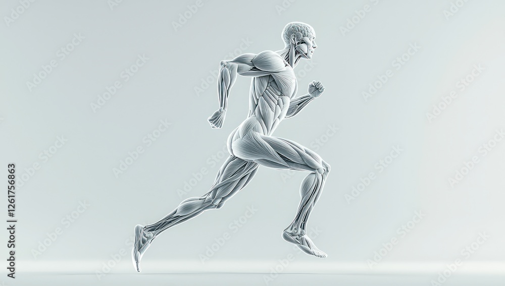 Gait cycle and muscle function during running visualized, showing energy efficiency and performance optimization.