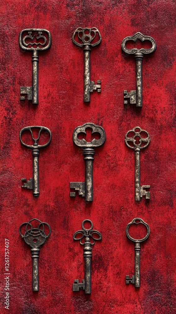 Nine antique metal keys are displayed against red background Nine antique metal keys are displayed against red background