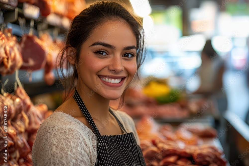 A portrait of an attractive female butcher in her mid-30s, smiling at the camera while working behind the counter with meat on display. A portrait of an attractive female butcher in her mid-30s, smiling at the camera while working behind the counter with meat on display.