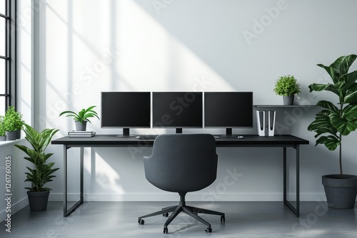 A sleek black desk with three monitors, set against a white wall in an office setting. The room is well-lit and has minimalistic decor, including plants on the windowsill and dark gray accents around 