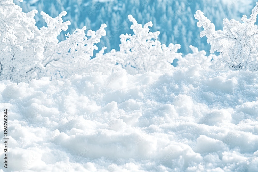 Fototapeta premium Winter wonderland; frosted branches, snow-covered mountain landscape