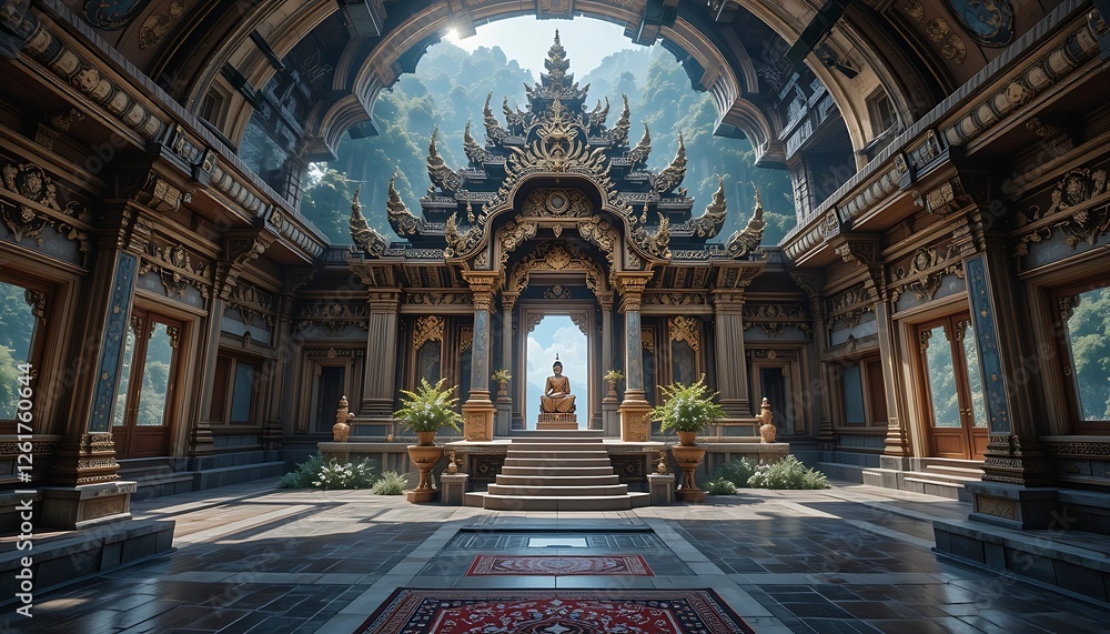 Obraz premium Stunning Golden Temple Interior with Buddha Statue, Lush Greenery, and Intricate Architectural Details