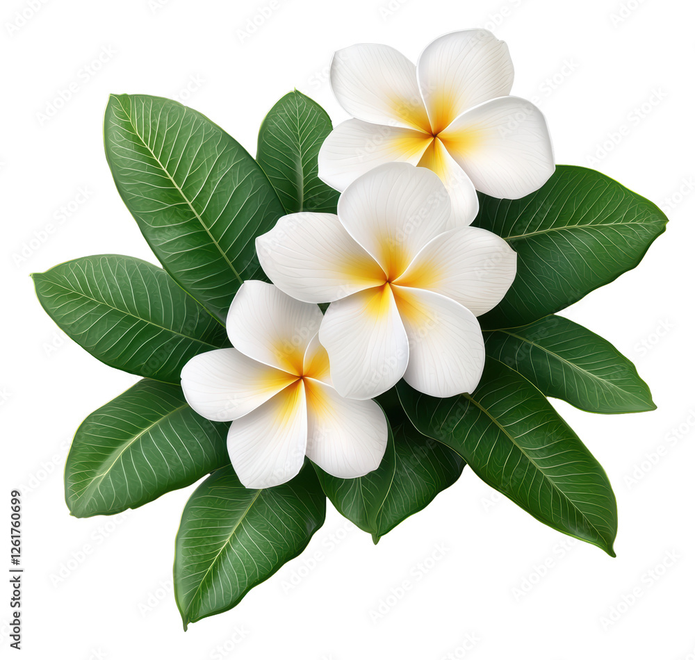 Obraz premium Three White Plumeria Flowers On Green Leaves