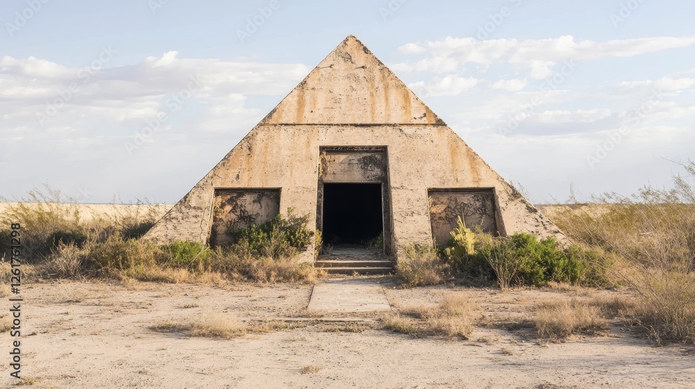 An abandoned pyramid in the middle of a desert with two large doors that look the same. It's broken down and full of plants. An abandoned pyramid in the middle of a desert with two large doors that look the same. It's broken down and full of plants.