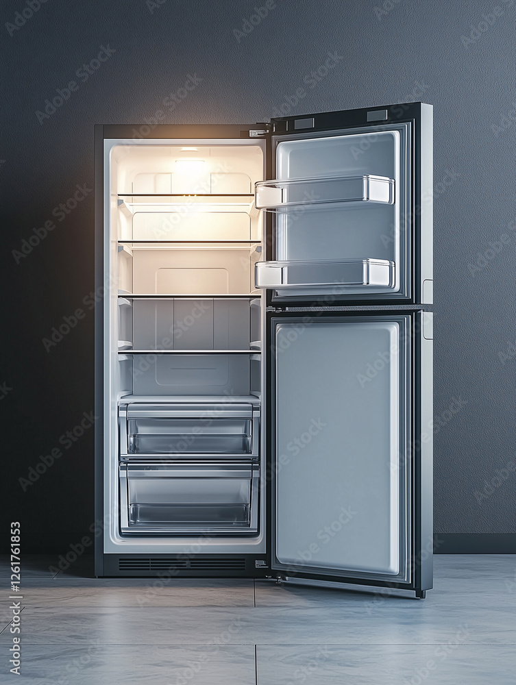 the door of empty fridge with shelves inside of home refrigerator for a product placement the door of empty fridge with shelves inside of home refrigerator for a product placement
