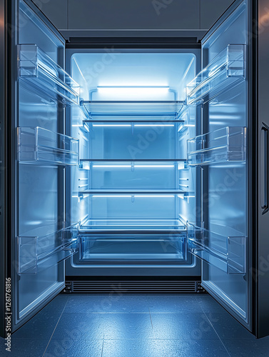 the door of empty fridge with shelves inside of home refrigerator for a product placement