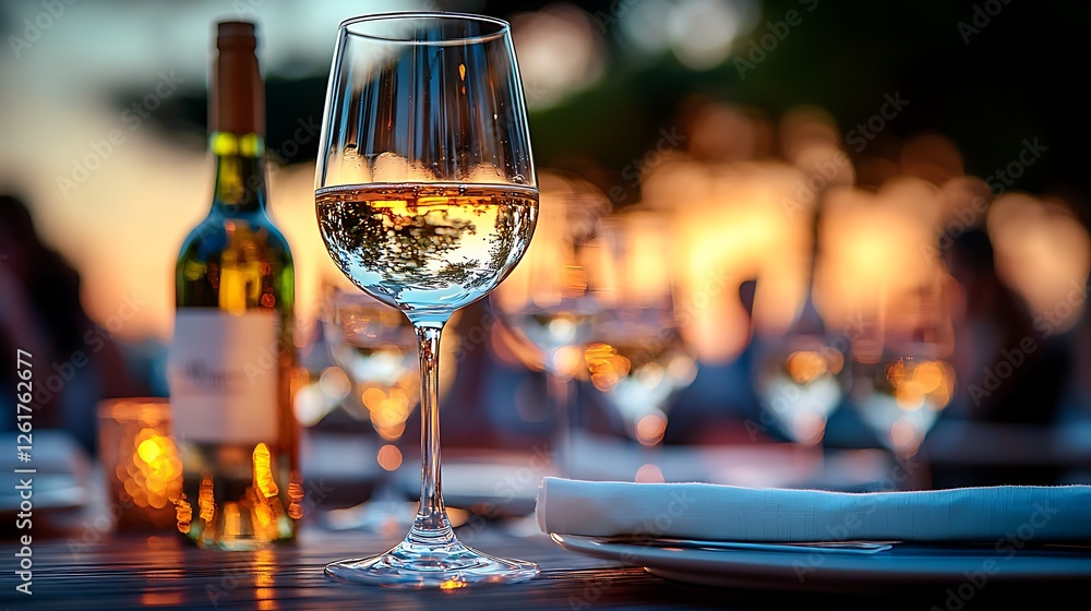 Romantic sunset dinner, wine glass, outdoor setting Romantic sunset dinner, wine glass, outdoor setting