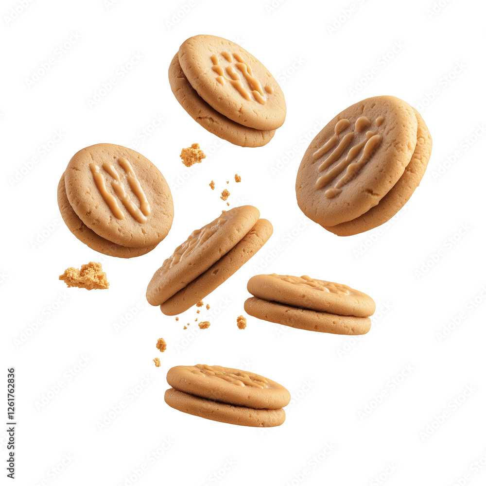 floating peanut butter cookies isolated on transparent white background, clipping path floating peanut butter cookies isolated on transparent white background, clipping path
