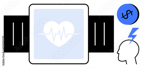 Smartwatch in black and white with heart rate monitor symbol, dollar sign in blue circle, and head with blue lightning. Ideal for health monitoring, fitness, costs, tech, stress, finance medical