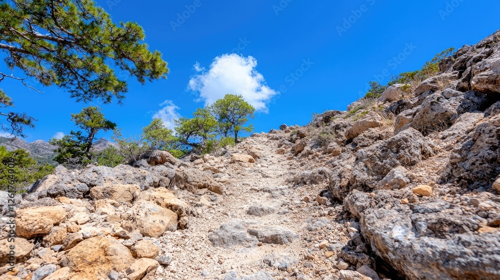 Mountain trail ascent, sunny sky, pine trees, rocky terrain, hiking adventure Mountain trail ascent, sunny sky, pine trees, rocky terrain, hiking adventure