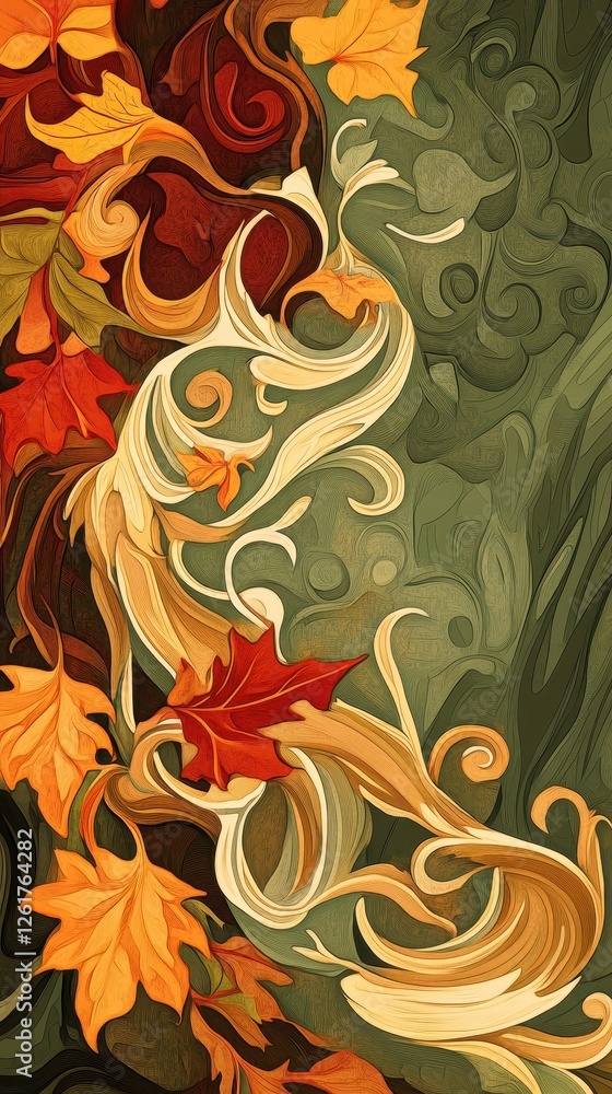 Autumn leaves and swirling patterns create an abstract seasonal display Autumn leaves and swirling patterns create an abstract seasonal display