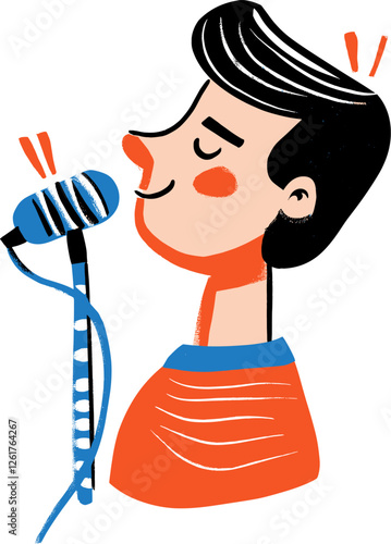 Singer performing on stage with microphone cartoon isolated on transparent background. Vector illustration.