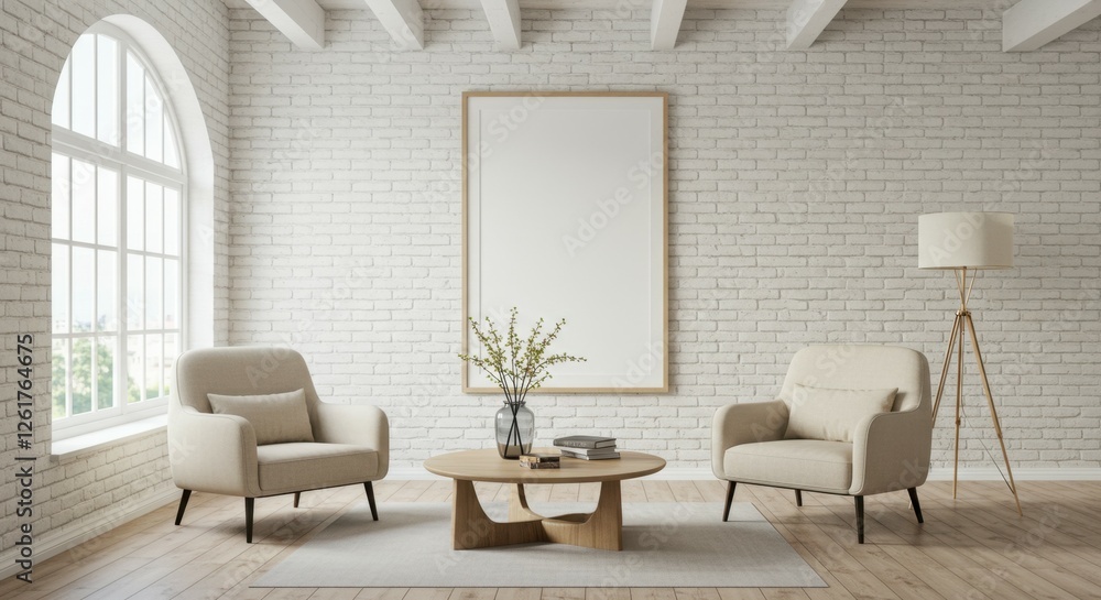 Fototapeta premium Minimalist living room, white brick walls, arched window, natural light, beige armchairs, wooden coffee table, potted plant, floor lamp, empty picture frame, exposed wooden beams, hardwood floor, Scan