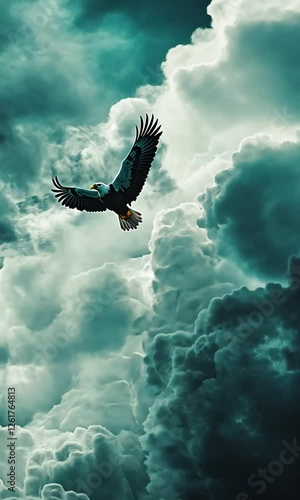 Majestic eagle soaring through dramatic stormy clouds